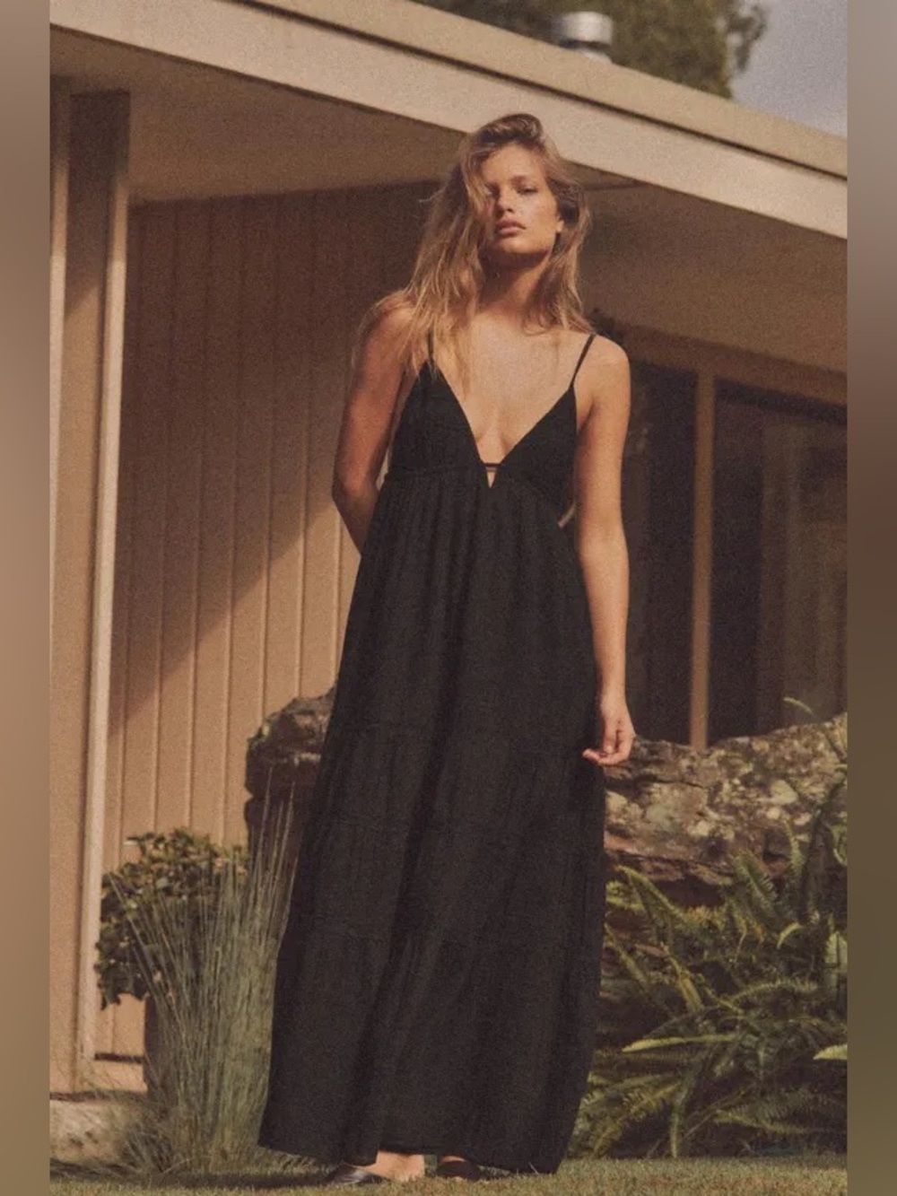 Zara Black Cotton Flowy Lace Spaghetti-Strap Maxi Dress